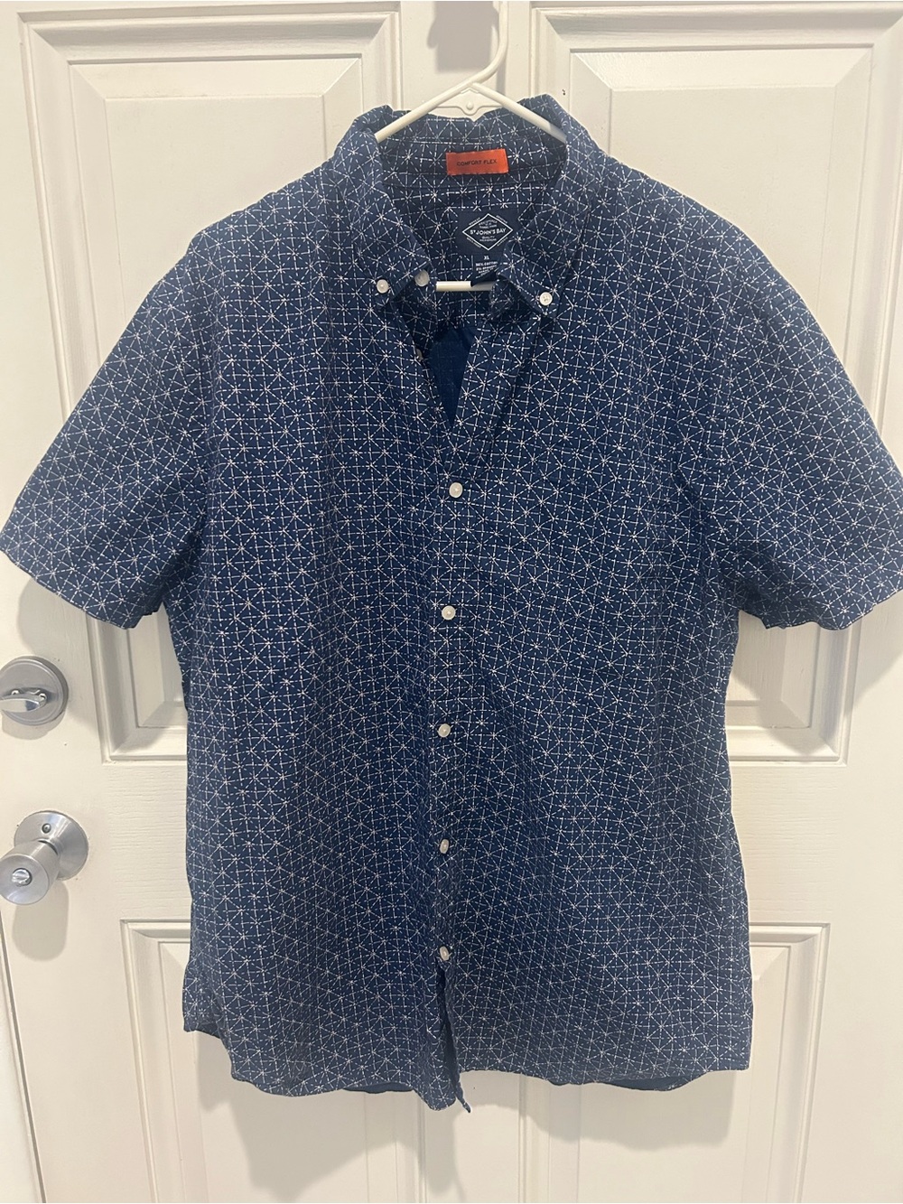 St. John's Bay Navy Button-Down Short Sleeve Shirt with White Geometric Print